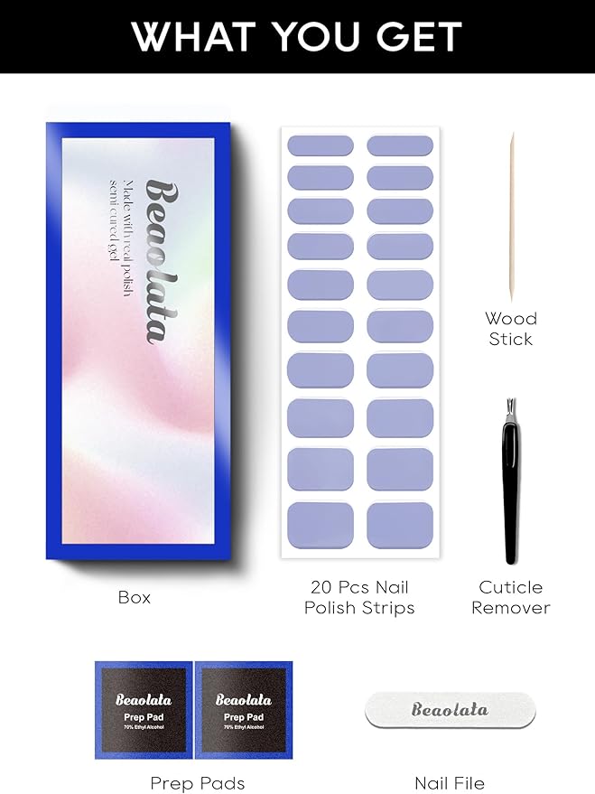 Semi Cured Gel Nail Strips - UV Light Gel Nail Stickers - 20 Long Lasting Salon Quality Wraps (Powder Blue)