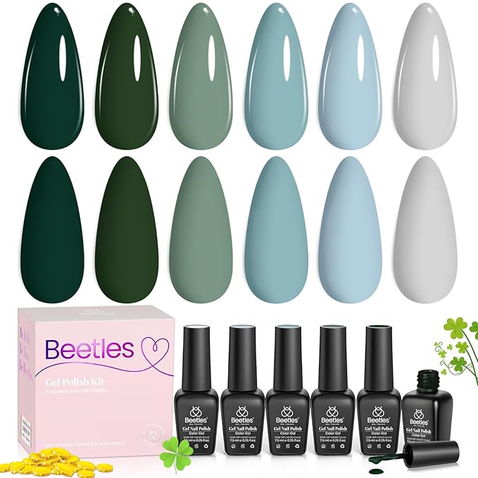Beetles Green Gel Polish Set - 6 Colors Dark Green Baby Blue Gray Spring Color Gel Nail Polish Misty Soak Off DIY Home Uv Nails Gifts for Women Girls st patricks day