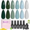 Beetles Green Gel Polish Set - 6 Colors Dark Green Baby Blue Gray Spring Color Gel Nail Polish Misty Soak Off DIY Home Uv Nails Gifts for Women Girls st patricks day