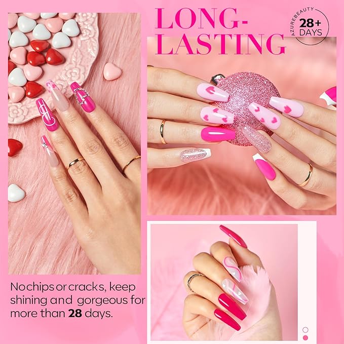 AZUREBEAUTY Dip Powder Nail Starter Kit with Matte Coat, 8 Hot Pink Glitter Neon Summer Color, Dipping Powder Liquid Set with Base/Top Coat/ Activator/10 Nail Sticks Salon at Home Valentine's Day Gift