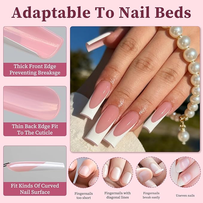120PC White French Tip Press on Nails Long Fake Nails Press ons with 5*Adhesive Tabs, Pink Square Acrylic Nail Press on Nail French Tip Nails False Artificial Fingernails Stick on Nails-B