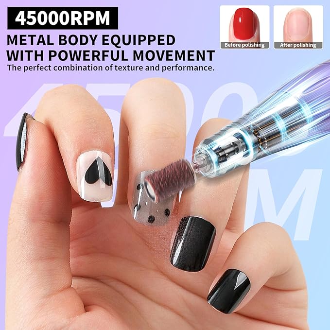 Professional Electric Nail Drill Kit 45000RPM with Bits and Base Purple Portable Rechargeable Cordless Nail E- File Machine for Acrylic Gel Powder Nails and Manicure Pedicure Toenail Tool Set