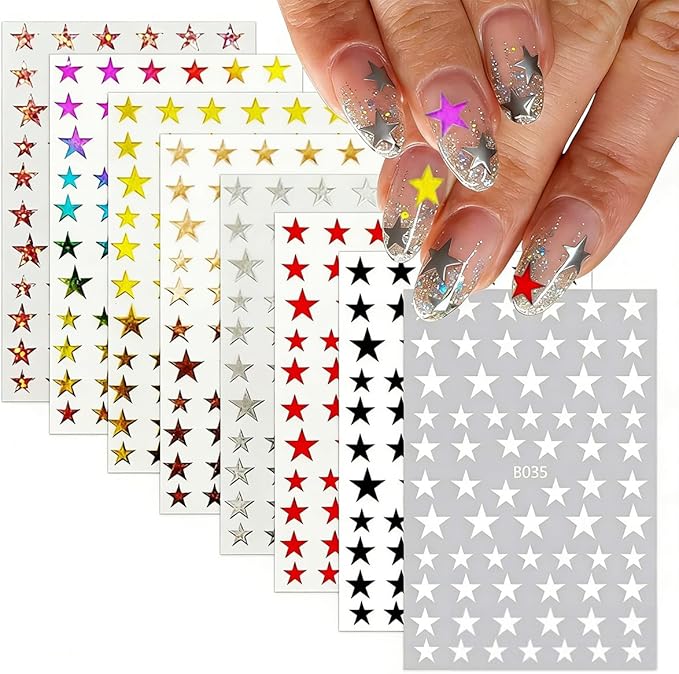 Star Nail Stickers 8 Sheets - Includes Holographic & Aurora Colors, Assorted Shades (Red, Black, Gold, Silver), Self-Adhesive Nail Decals for Women DIY Manicure
