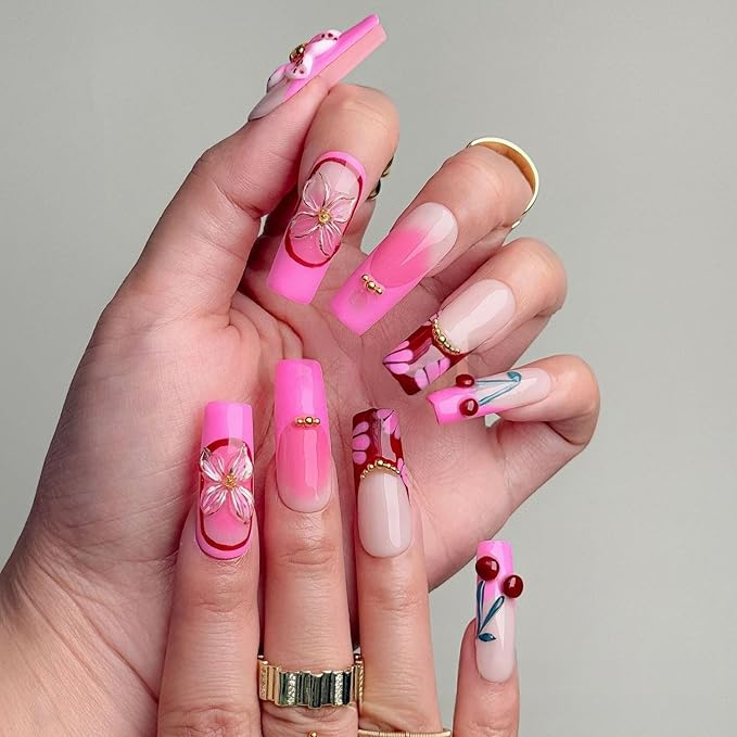 Pink Gradient Press on Nails Long Coffin Fake Nails 3D Luxury Flower Cherry Pattern Design Spring Summer Fruit French Tip Thick False Nails Golden Steel Ball Acrylic Nail for Women Nail DIY (Size S)