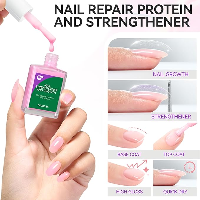 Nail Repair Protein for Thin Nails: Gelike EC 6 in 1 Natural Nail Strengthener Hardener Extra Strong and Growth - Long Lasting Polish and Fast Dry for Damaged Weak Splitting Treatment（(Pink 15ml)