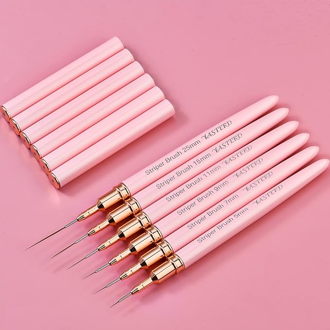 Yasterd Pink Metal Handle Nail Art Brushes, 6pcs Striper Set for Long Lines, Thin Details, Fine Drawing, Delicate Coloring, Elongated Lines, Sizes 5/7/9/11/15/25mm