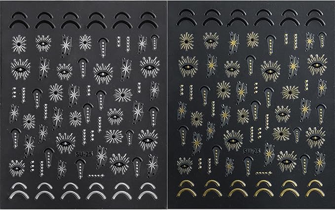 9 Sheets Star Sun Moon Nail Stickers Decals 3D Self-Adhesive Pegatinas Uñas Silver Nail Stickers Holographic Gold Black Heart Nail Supplies for Women Girls DIY Nail Art Design Decoration Accessories