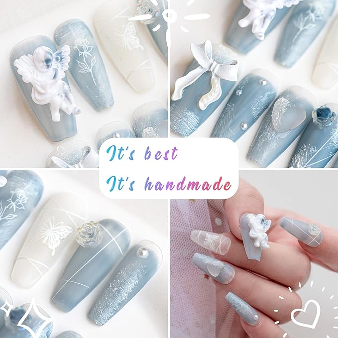 Sun&Beam Nails Handmade Press On Nail Coffin Ballerina 3D Accessories Blue Acrylic Fake Tip Design Art Charms Cute with Storage Box 10 Pcs (008 L)