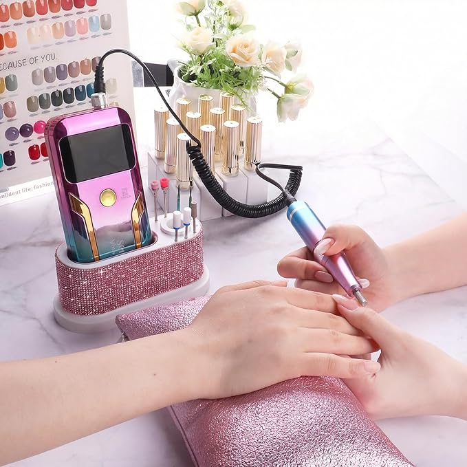 ANGNYA Nail Drill Machine Holder with Pink Rhinestones, 8 Holes Nail Drill Bit Holder, Nail Efile Stand and Organizer Storage Box Case