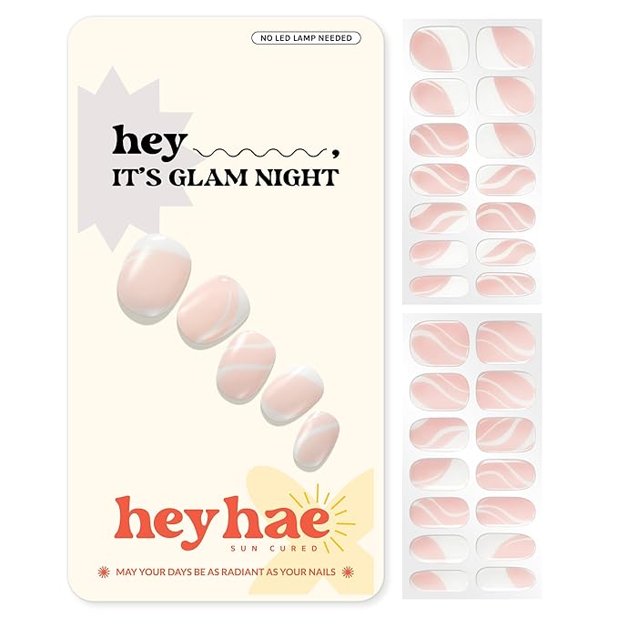 Heyhae Semi Cured Gel Nail Strips | No LED Lamp Needed | French, Pink, Spring | Easy Apply & Remove, Salon Quality | Includes 28 Strips, 1 Prep Pads, Nail File & Wooden Stick - Hey, It's Glam Night