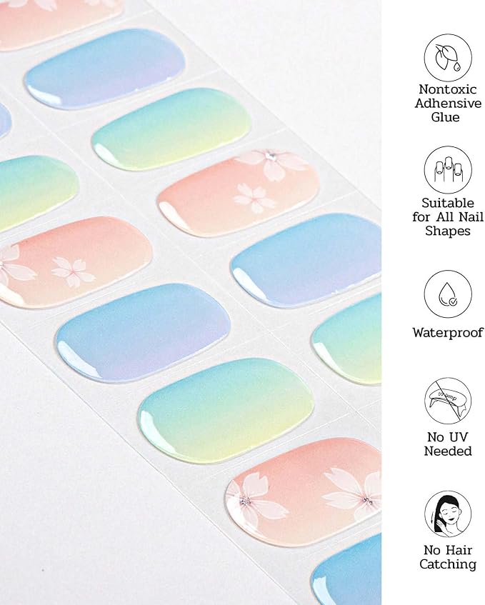Nail Polish Strips (No UV Lamp Needed) - 22 Pcs Salon Quality Gel Nail Stickers - Long Lasting Wraps (Blue Orange Gilt Shine)