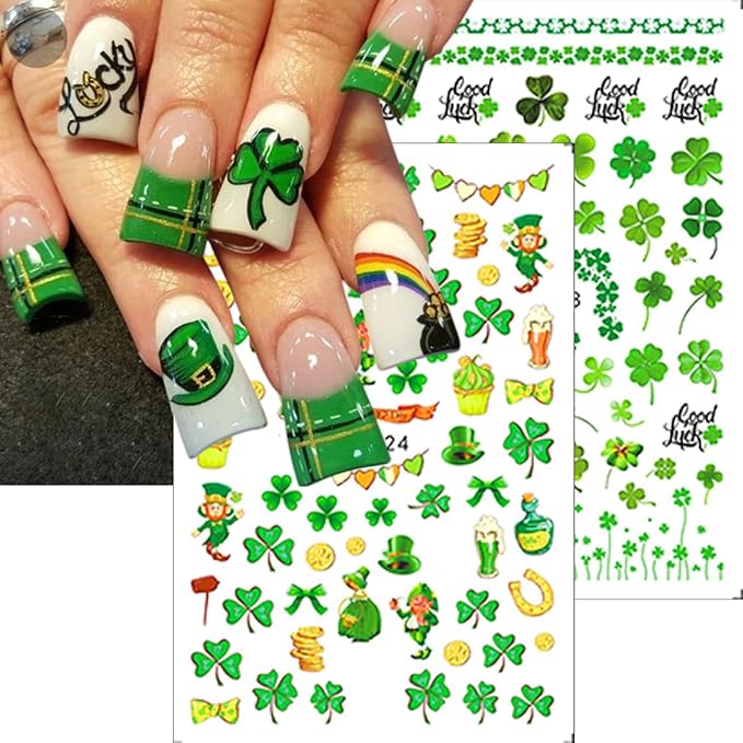 St. Patrick's Day Nail Stickers for Nail Art Lucky Shamrock Nail Art Stickers 3D Self Adhesive Green Four Leaf Clover Nail Decals Spring Summer Cute Nail Design Supplies for Women Manicure 8Sheets