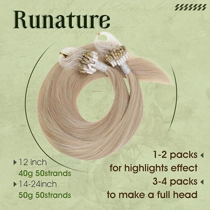 RUNATURE Micro Loop Hair Extensions Human Hair Ash Blonde Highlight Paltinum Blonde Micro Beads Extensions Human Hair Blonde Micro Link Extensions Real Hair 20 Inch 50 Gram