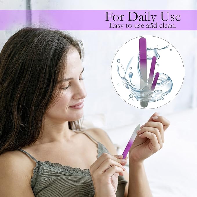 Glass Fingernail Files with Case - Manicure Set for Natural Nails - Double Sided Nail File Stocking Stuffers (Purple)