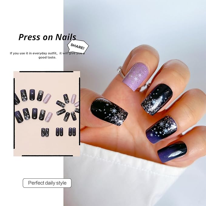 Black Press on Nails Short Square 24 Pcs Glossy Full Cover Stick on Nails Gradient False Nails with Starry Night Designs Reusable Acrylic Glue on Nails for Women Girls Gel Nail Strips