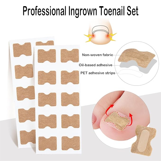 Professional Ingrown Toenail Set with Breathable Ingrown Toenail Strips,Toenail Correction Strips, Curved Toenails Corrector Patch, Painless File and Lifter Pedicure Tools