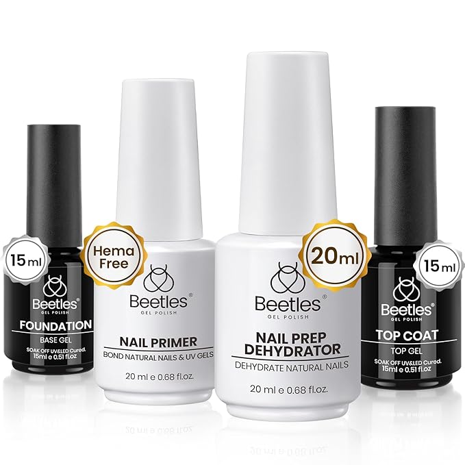 Beetles 4 Pcs 15ml Base Gel and Top Coat Kit with 20ml Nail Dehydrator and Primer, Professional Nail Prep Acid-Free & Hema-Free Dehydrate Bond Primer Set for Acrylic Manicure Gift for Women