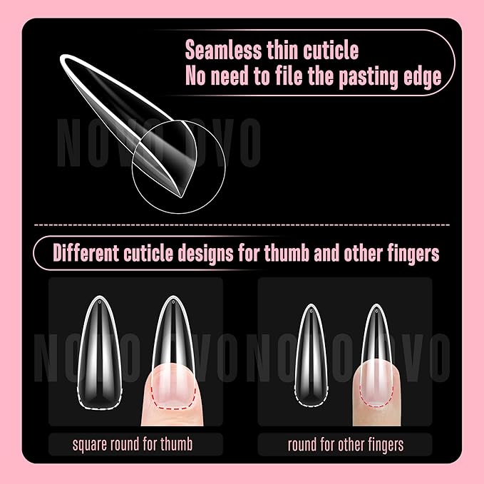NOVO OVO Long Almond Nail Tips NATURAL (Not SCULPTED) for Flat Nail Beds, Extra Thick L Length False Nails Press on, Full Cover Soft Gel Fake Nail Extension, Salon DIY x 15 Sizes 450 pcs
