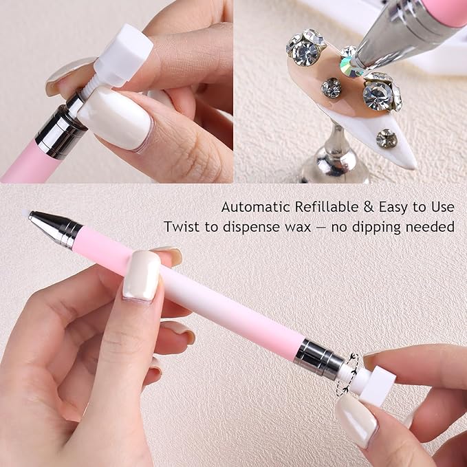 7PCS Rhinestone Picker Tool Kit, Refillable Wax Pencil with 2 Refills, Diamond Gem Picker Pen Applicator, Tweezers & Sorting Tray for Nail Art, Nail Charms & DIY Manicure Supplies