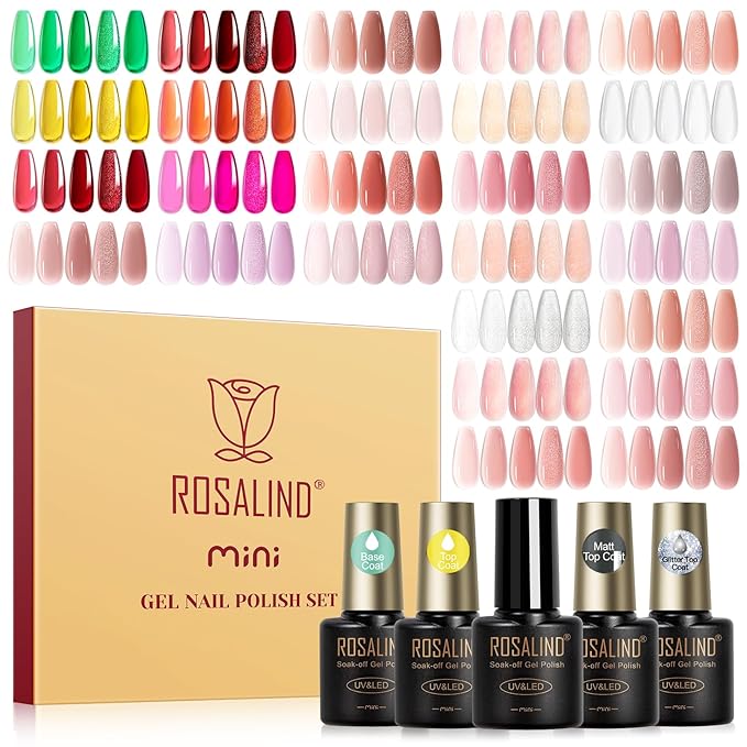 ROSALIND 30pcs Jelly Gel Polish Set, 26 Colors Translucent Nude Pink Neon Gel Nail Polish Set with Sheer Matte Glossy Glitter Effects for Nails with Base Gel Top Coat Salon DIY Home
