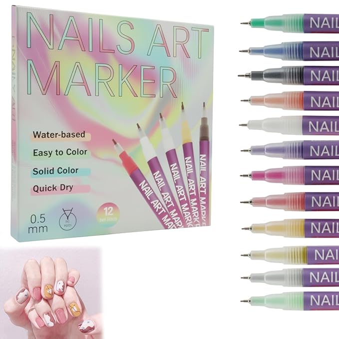 12 Colors Nail Art Pens Set with Fine 0.5mm Tips, Quick Dry Nail Polish Markers for DIY Home Salon Manicure, Professional Nail Art Tools Kit for Adult Beginners and Nail Technicians