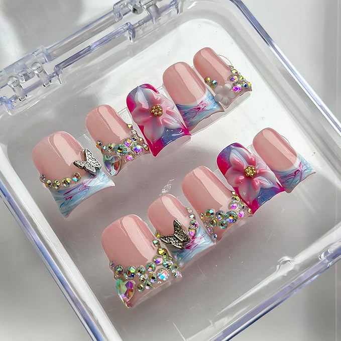Luxury Press on Nails Short Duck Handmade 3D Unique Reusable ABS Material Fake Nails French Tip False Nails with Designs Flower Butterfly Blue Pink Glossy Glue on Nail Thick Acrylic Nail(M)