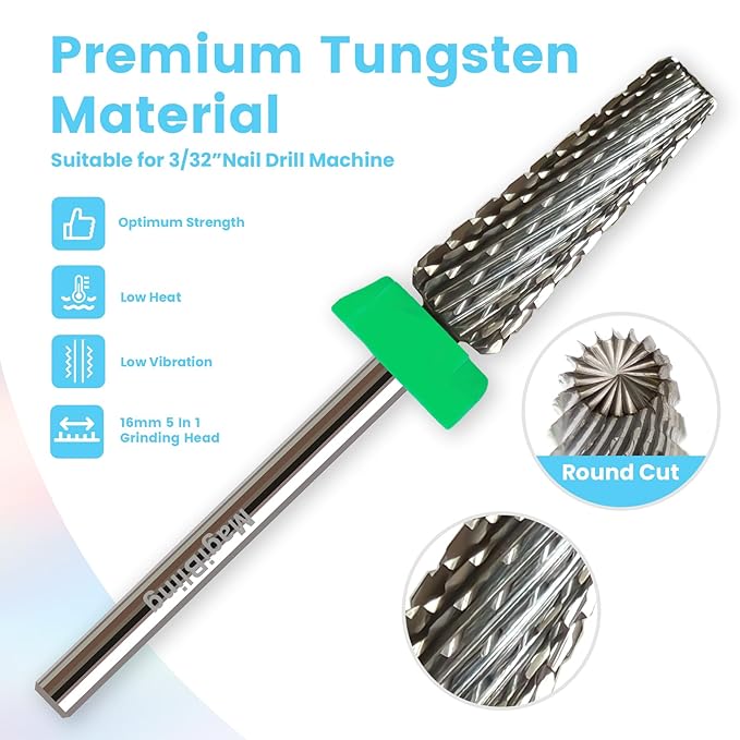 16mm 5 in 1 Tapered Barrel Nail Drill Bits, 3/32'' Safety Tungsten Carbide Bits, Right & Left Rotation, Manicure Cuticle Gel Acrylic Removal Polishing, Technicians Bits, Coarse