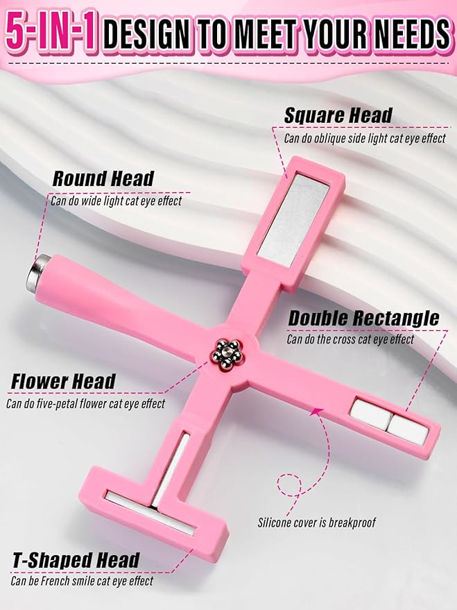 TOROKOM 5-in-1 Cat Eye Magnetic Nail Art Tool, Double-Ended Hexagon, Pink