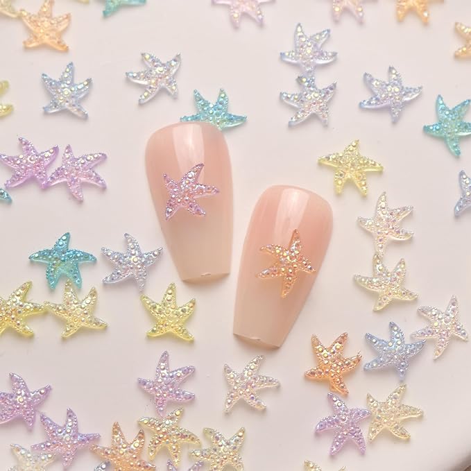 100Pcs Colorful Starfish Nail Art Charms Fresh Summer Beach Nail Art Accessories Ocean Theme Starfish Sea Series Nail Rhinestone Diamonds Resin Crafts for Women Nail Art Supplies Manicure Decoration