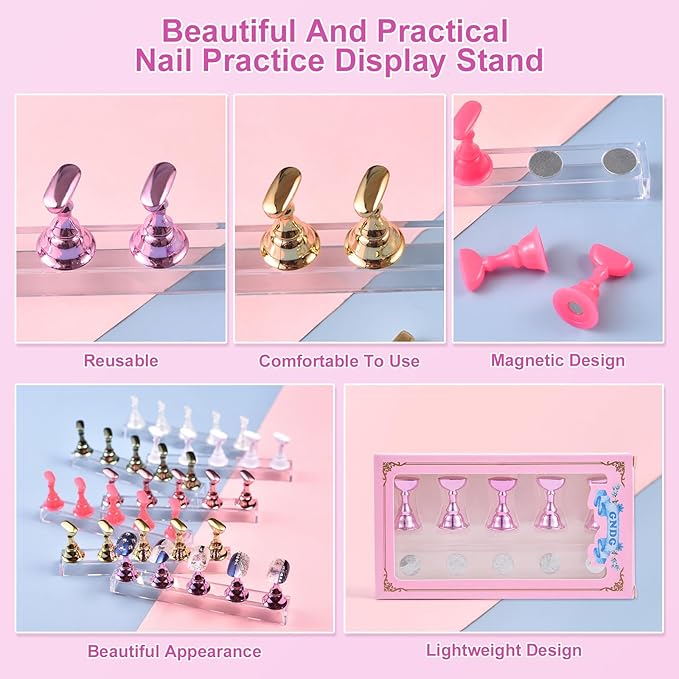 2 Sets Nail Stand for Press on Nails Art Display Practice Fake Nail Tips Holder for Painting Nails Stand Magnetic False Nail Practice Stand for Home DIY and Nail Salon, Gold
