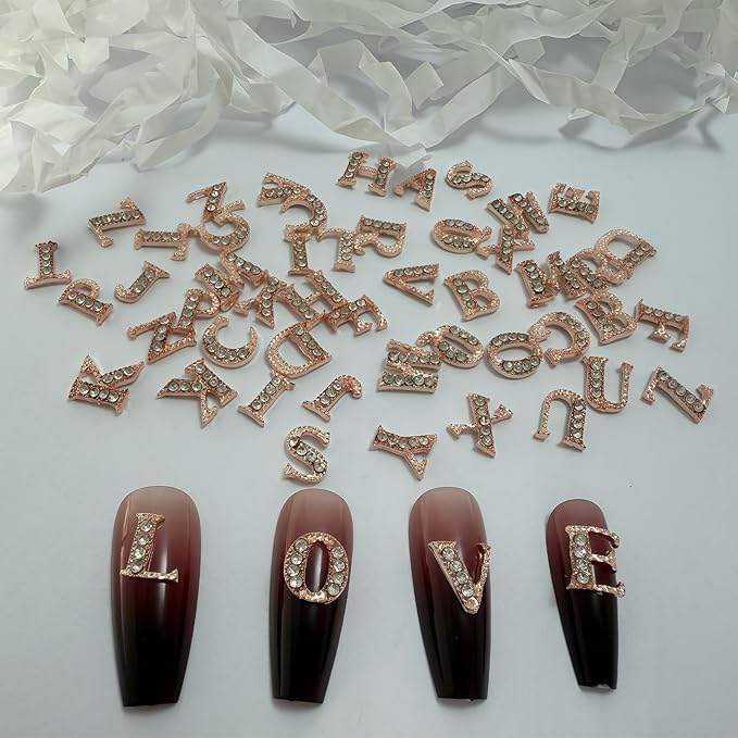52 Pcs 3D Rose Gold Nail Charms Letters Initial Charms for Nails Nail Letter Charms Alphabet Rhinestone Letter Nail Charms for Nail Art Design Decoration DIY Craft