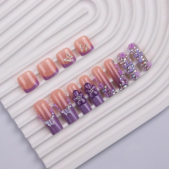 48Pcs Square Press on Nails Long & Press on Toenails Set, Purple Flowers Fake Nails Short Press on Toe Nails with 3D Flower Star Charms French Acrylic Toenails Kit for Women Manicure