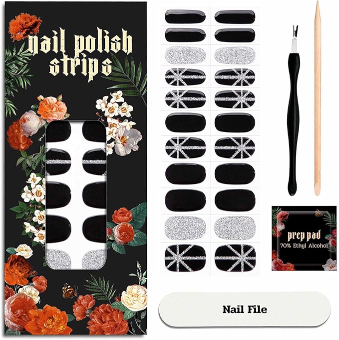 Nail Polish Strips (No UV Lamp Needed) - 22 Pcs Salon Quality Gel Nail Stickers - Long Lasting Wraps (Saint Black Glitter)