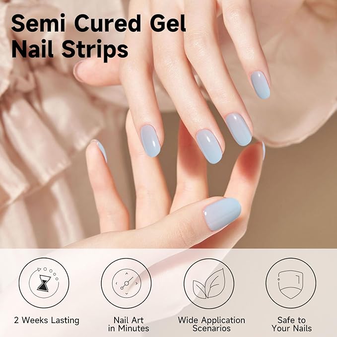 Semi Cured Gel Nail Strips, 28 pcs Gel Nail Stickers Work with Any UV Lights, Long-Lasting Nail Wraps, Stick on Nails for women Easy to Apply & Remove