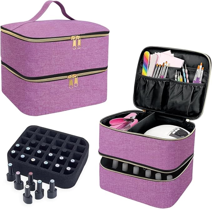 Nail Polish Organizer, Handheld Double Layer Organizer Holds 30 Bottles (15 ml/0.5 floz) with Adjustable Dividers for Nail Polish Small Manicure Lamp Manicure Tools Essential and Travel,Purple