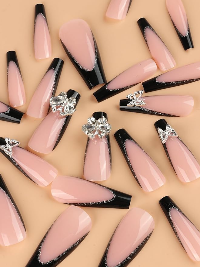 Press on Nails Long Coffin MABKJLF Black French Tip Fake Nails Full Cover False Nails with Butterfly Rhinestones Designs Glitter Glossy Stick on Nails Artificial Nails for Women Girls 24 Pcs