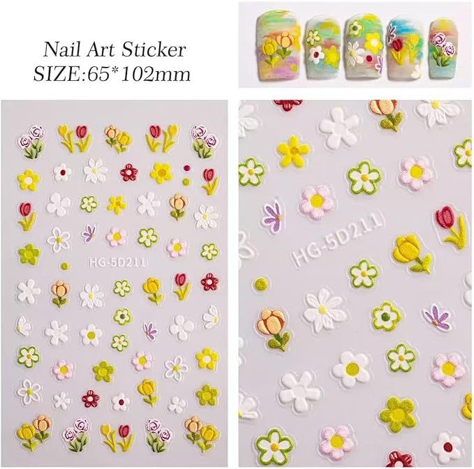 Magrace Flower Nail Stickers for Spring 1 Sheets 5D Self-Adhesive Nail Art Decals for Women Flower Stickers Decoration