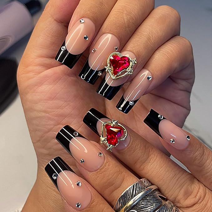 Yivaiks French Tip Nails - Black Press On Coffin Nails, Acrylic, 24pcs