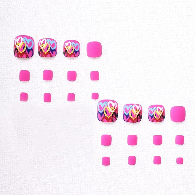 24Pcs Pink Heart Press on Toenails Short Square Fake Toe Nails with Colorful Love Hearts Valentines Acrylic Artificial Full Cover False Stick on Toenails for Women Decoration 24Pcs