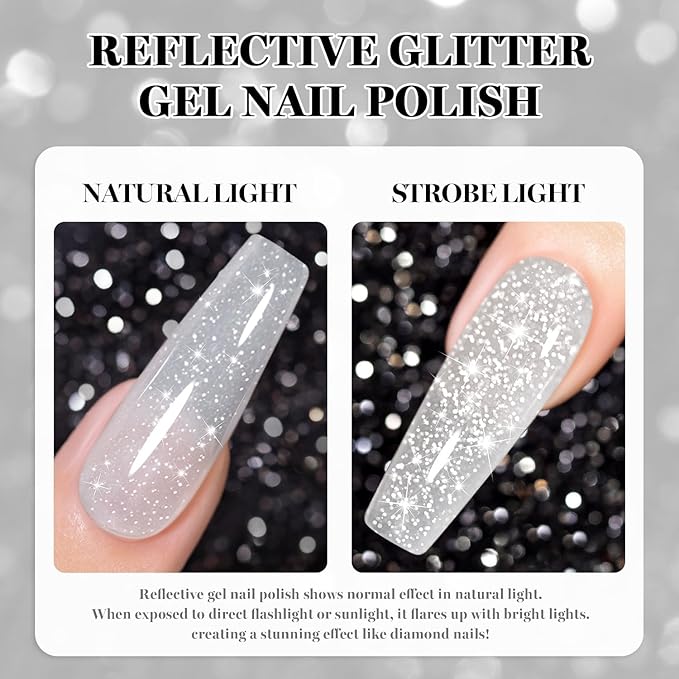 RARJSM Milky White Reflective Glitter Gel Nail Polish Sheer Flash Diamond Jelly White Sparkle Silver Shimmer Gel Polish Soak off Curing Requires 15ml Single Bottle for Home Salon
