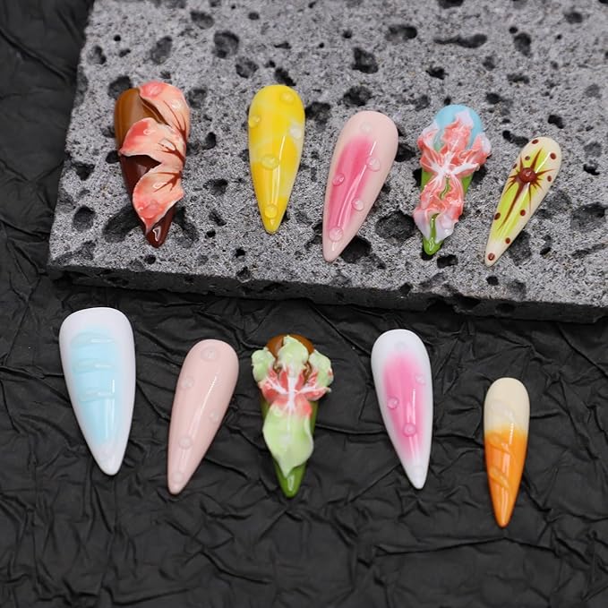 Thick Press on Nails Long Almond Handmade Nails with Glue,Tropical Flower Art Fake Nails with Water Droplet Pattern Designs Reusable Nature Stick on Nail False Nails for Wome (Size M)