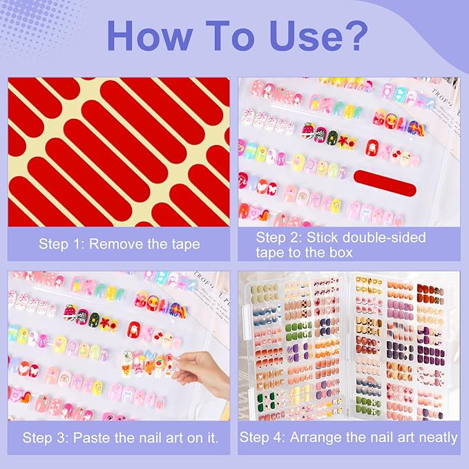 Large Clear Press on Nails Storage BoxNails Storage Box Nail Storage Case with 2 Style Adhesive Double Sided Tape and Nail Display Sticks for Nail Display Organizer Nail Salon Supplies