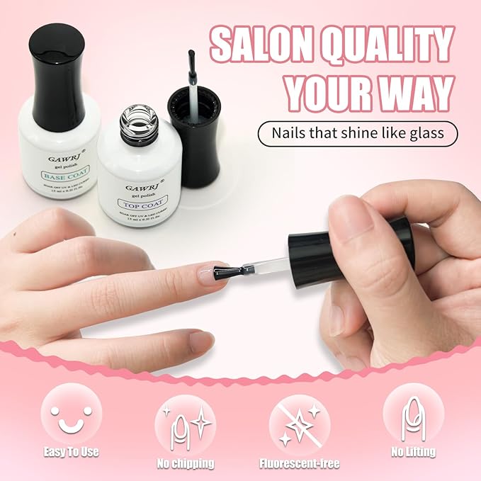 No Wipe Top & Base Coat Gel Set (Up to 3+ Weeks), Anti-Yellowing Quick Dry Gel Nail Polish, 2 Base + 2 Top Coats 15ml, for UV/LED Light, Professional & DIY