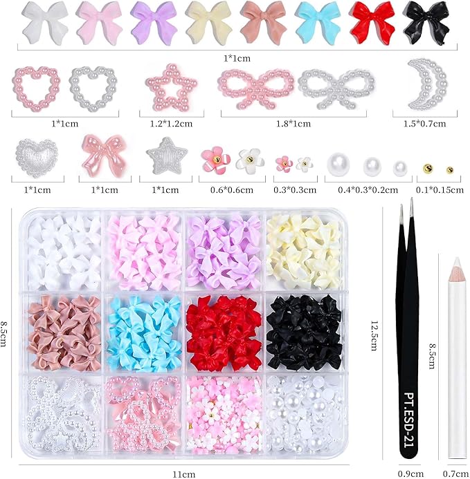 3D Nail Charms and Gems Kit Cute Colorful Bows for Nails Heart Moon Star Pearl Nail Charms with Picker Tools Kawaii Nail Art Charms for Nails Design Supplies Junk Cases DIY Decor Accessories