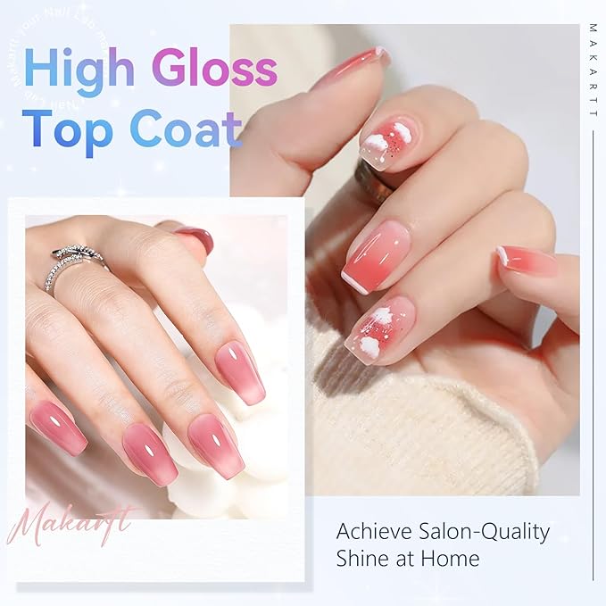 Makartt Gel Top Coat - 2 PCS No Wipe Top Coat Gel Nail Polish High Glossy Shine Finish Long Lasting, 10ML Clear Soak Off UV Nail Lamp, Salon Quality Art Design for Home Use Beauty Spring Gift