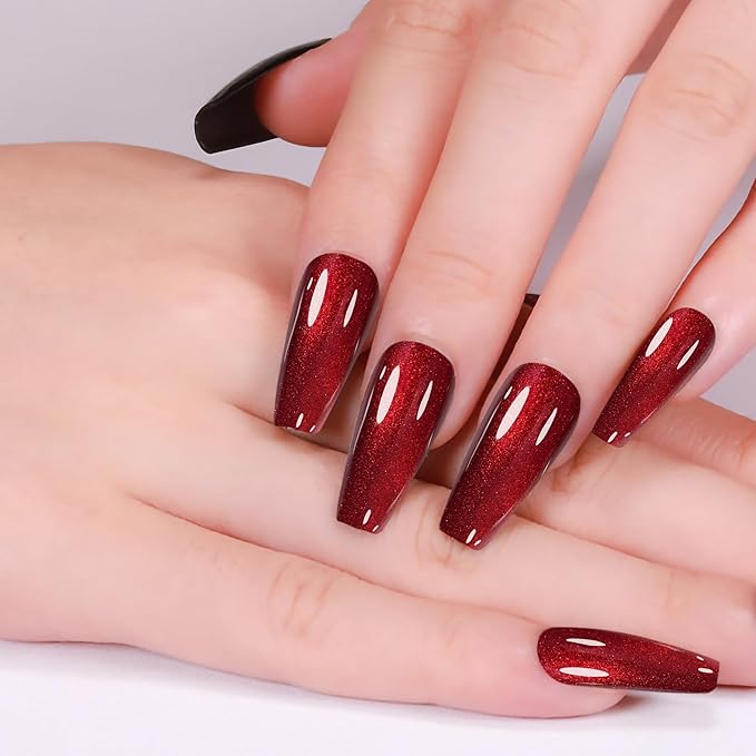 24 Pieces Handmade Red Cat Eye Press On Nails Long Coffin Fake Nails Handmade with Toughened Sealer High Texture High Gloss Fake Nails