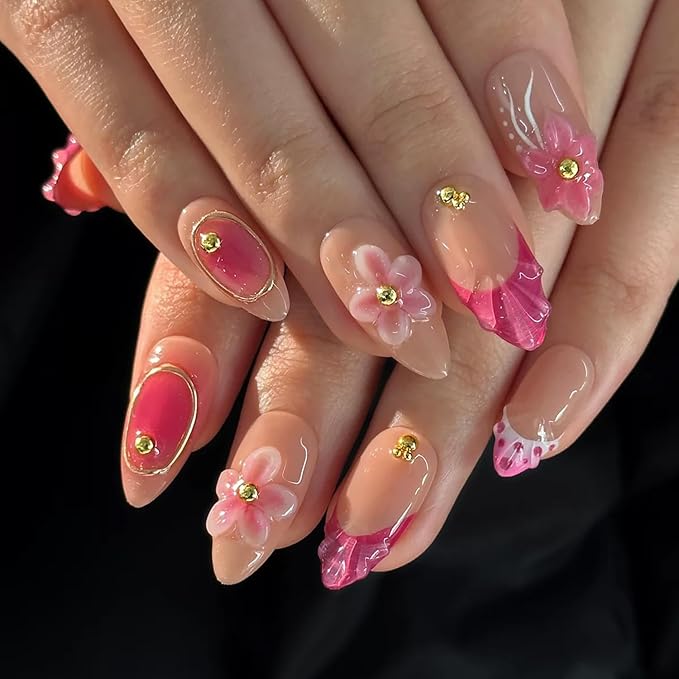 Luxury Press on Nails Medium Almond Handmade 3D Unique Reusable ABS Material Fake Nails Pink French Tip False Nails with Designs Pink Floral Polka Dots Glossy Glue on Nail Thick Acrylic Nail(S)