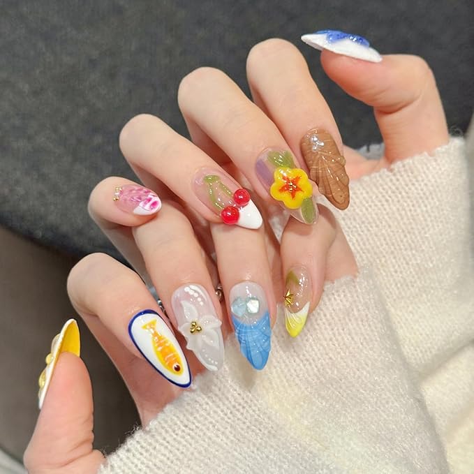 handmade nails press on Salon Quality fish starfish flower orange cherry pearl Reusable almond hand-painted gentle acrylic 3D fake nails designed kit,10 Nails, Size M #2914