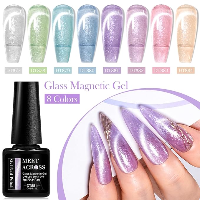 MEET ACROSS Magnetic Gel Nail Polish Set, Shimmer Glitter Cat Eye Gel, 8 Colors + 1 Magnetic Stick, Long Lasting, Salon Quality
