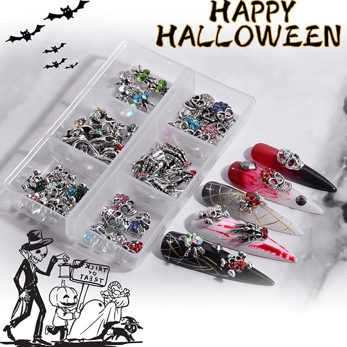 Halloween Nail Charms Rhinestones Decorations - 60Pcs/Box Multi Shape Halloween Nail Accessories Metal Punk Vintage Sliver Nail Design for DIY Nail Art Craft